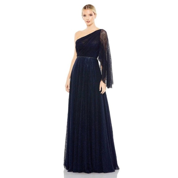 MAC DUGGAL $598 NAVY ONE SHOULDER ILLUSION SLEEVE A LINE LACE MAXI GOWN SZ 6 NEW